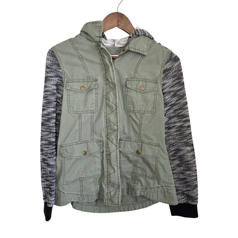 Olive Utility Jacket Knit Sleeves Hooded Mixed Media Zip Front Women’s Size M